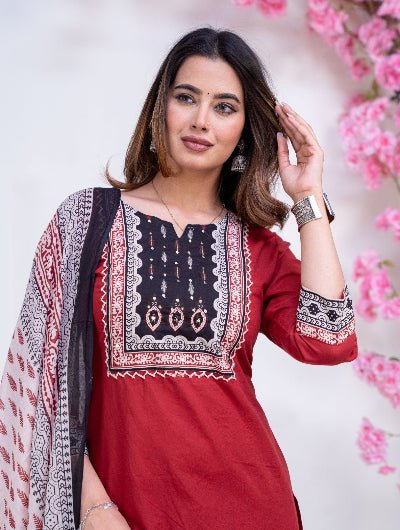 Red Stunning Adda Work Cotton Straight Suit Set - BONYHUBSALWAR KAMEEZ