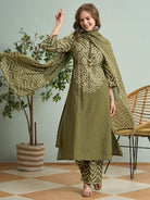 Olive Green Bandhani Printed Cotton Straight Suit Set - BONYHUBSALWAR KAMEEZ