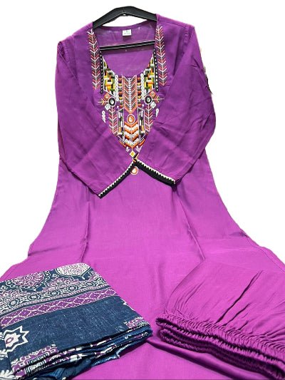 Gota Lace Purple Embroidery Cotton Straight Suit Set - BONYHUBSALWAR KAMEEZ