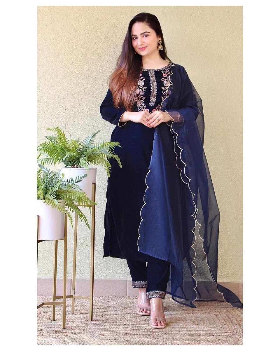 Rich Navy Blue Thread Embroidery Velvet Straight Suit - BONYHUBSALWAR KAMEEZ