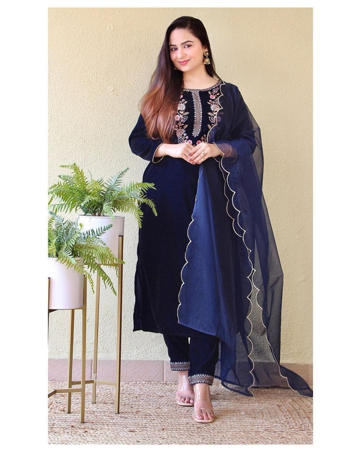 Rich Navy Blue Thread Embroidery Velvet Straight Suit - BONYHUBSALWAR KAMEEZ