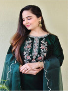 Rich Bottle Green Thread Embroidery Velvet Straight Suit - BONYHUBSALWAR KAMEEZ