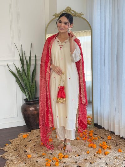 White Roman Silk Embroidery Straight Suit with Red Dupatta - BONYHUBSALWAR KAMEEZ