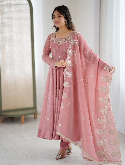Pastel Pink Crunchy Silk Embroidery Work Anarkali Suit