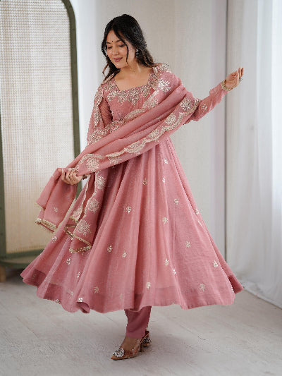 Pastel Pink Crunchy Silk Embroidery Work Anarkali Suit