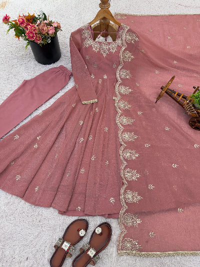 Pastel Pink Crunchy Silk Embroidery Work Anarkali Suit