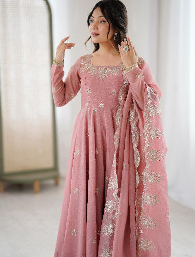 Pastel Pink Crunchy Silk Embroidery Work Anarkali Suit