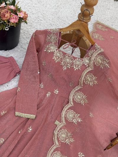 Pastel Pink Crunchy Silk Embroidery Work Anarkali Suit