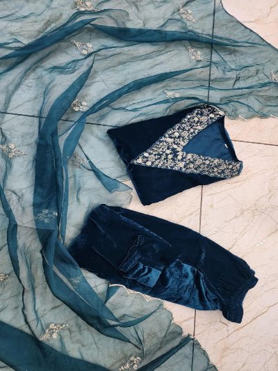 Teal Blue Velvet Intricate Embroidery Straight Suit - BONYHUBSALWAR KAMEEZ