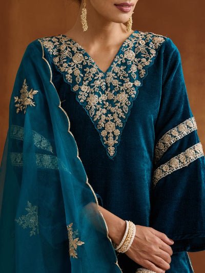 Teal Blue Velvet Intricate Embroidery Straight Suit - BONYHUBSALWAR KAMEEZ