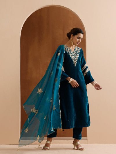 Teal Blue Velvet Intricate Embroidery Straight Suit - BONYHUBSALWAR KAMEEZ