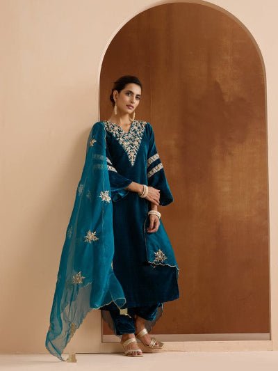 Teal Blue Velvet Intricate Embroidery Straight Suit - BONYHUBSALWAR KAMEEZ