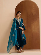 Teal Blue Velvet Intricate Embroidery Straight Suit - BONYHUBSALWAR KAMEEZ