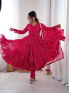 Pink Chanderi Real Mirror Hand Work Ruffle Anarkali Suit - BONYHUBSALWAR KAMEEZ