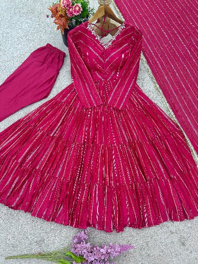 Pink Chanderi Real Mirror Hand Work Ruffle Anarkali Suit - BONYHUBSALWAR KAMEEZ