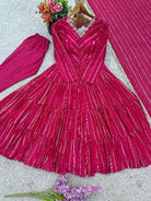 Pink Chanderi Real Mirror Hand Work Ruffle Anarkali Suit - BONYHUBSALWAR KAMEEZ