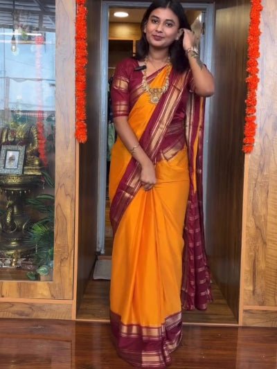 Orange & Maroon Silk Jacquard Zip & Go 10 Sec Saree Gown - BONYHUBSAREE