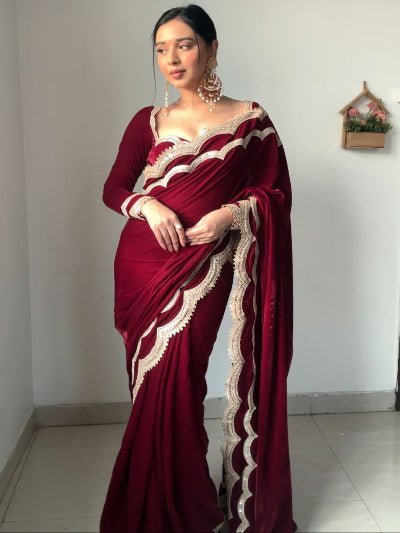 1 Min Maroon Velvet Stitched Ready to Wear Saree with Blouse Piece - BONYHUBSAREE