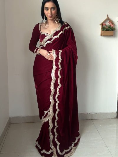 1 Min Maroon Velvet Stitched Ready to Wear Saree with Blouse Piece - BONYHUBSAREE