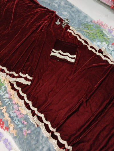 1 Min Maroon Velvet Stitched Ready to Wear Saree with Blouse Piece - BONYHUBSAREE