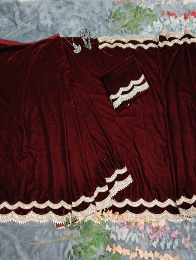 1 Min Maroon Velvet Stitched Ready to Wear Saree with Blouse Piece - BONYHUBSAREE