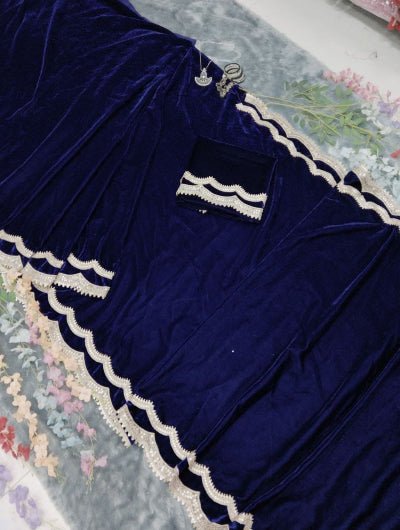 1 Min Navy Blue Velvet Ready to Wear Saree with Blouse Piece - BONYHUBSAREE