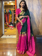 Dark Green & Pink Silk Jacquard Zip & Go 10 Sec Saree Gown - BONYHUBSAREE