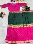 Dark Green & Pink Silk Jacquard Zip & Go 10 Sec Saree Gown - BONYHUBSAREE