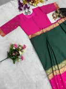 Dark Green & Pink Silk Jacquard Zip & Go 10 Sec Saree Gown - BONYHUBSAREE
