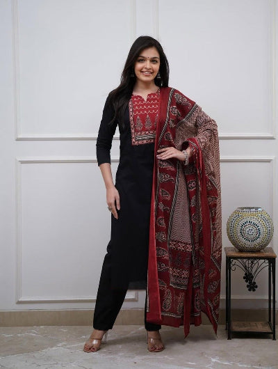 Plus Size Black Jaipuri Print Cotton Salwar Suit