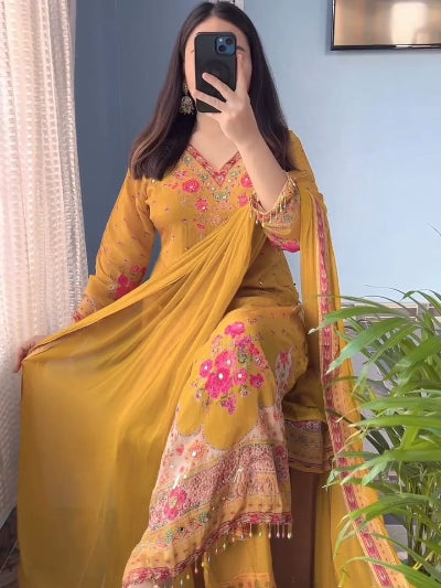 Plus Size Yellow Chinon Mirror Work Salwar Suit