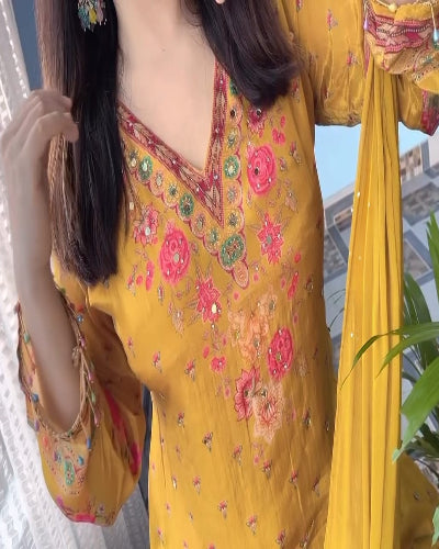 Plus Size Yellow Chinon Mirror Work Salwar Suit