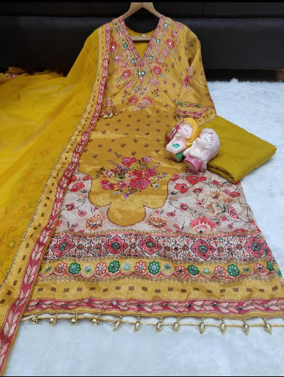Plus Size Yellow Chinon Mirror Work Salwar Suit