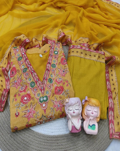 Plus Size Yellow Chinon Mirror Work Salwar Suit