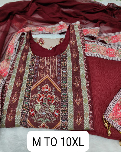 Plus Size Maroon Jaipuri Print Mirror Work Salwar Suit