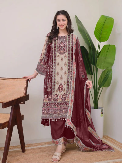 Plus Size Maroon Jaipuri Print Mirror Work Salwar Suit