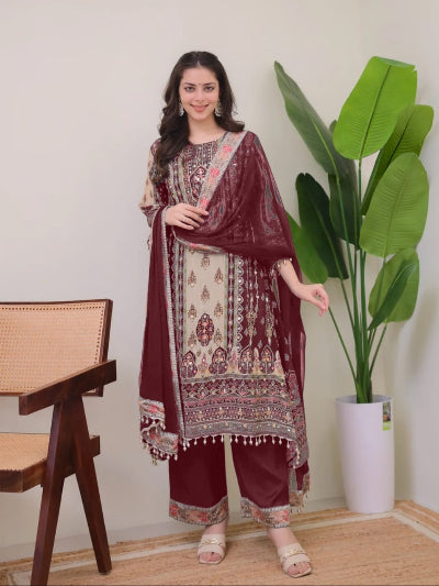 Plus Size Maroon Jaipuri Print Mirror Work Salwar Suit