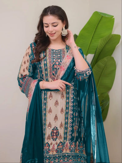 Plus Size Teal Blue Jaipuri Print Mirror Work Salwar Suit