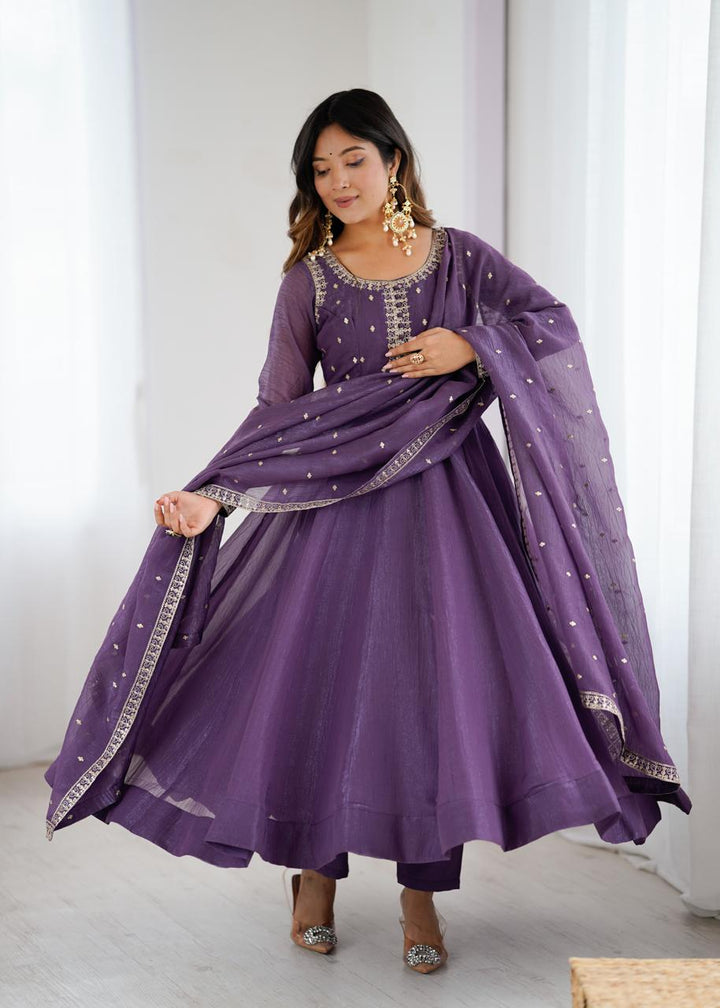 Purple Crunchy Silk Embroidered Zari Anarkali Suit