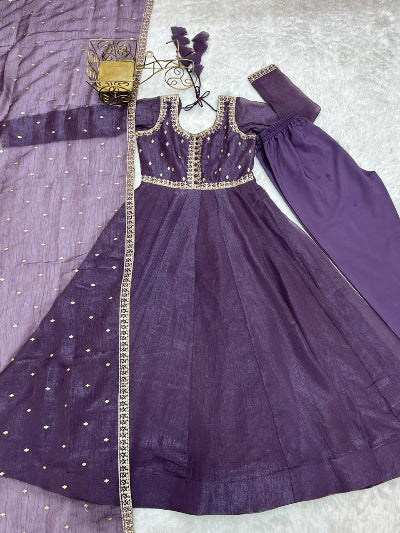 Purple Crunchy Silk Embroidered Zari Anarkali Suit