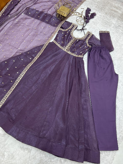 Purple Crunchy Silk Embroidered Zari Anarkali Suit