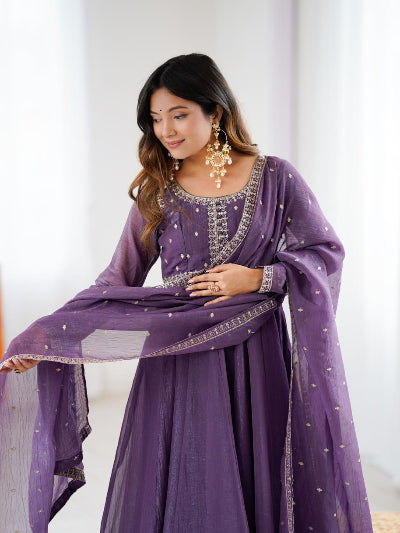 Purple Crunchy Silk Embroidered Zari Anarkali Suit