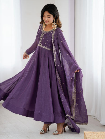 Purple Crunchy Silk Embroidered Zari Anarkali Suit