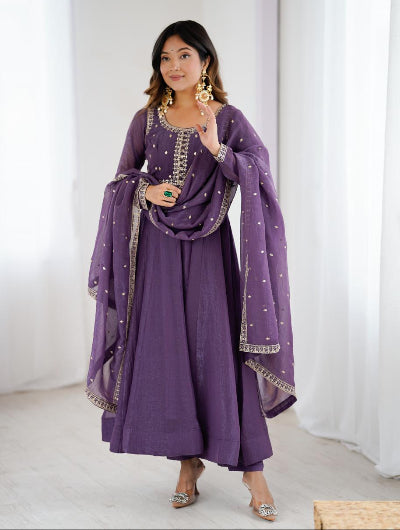 Purple Crunchy Silk Embroidered Zari Anarkali Suit