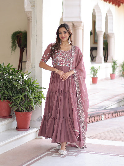 Mauve Blush Pink Embroidery Gown Dupatta Set Of 2