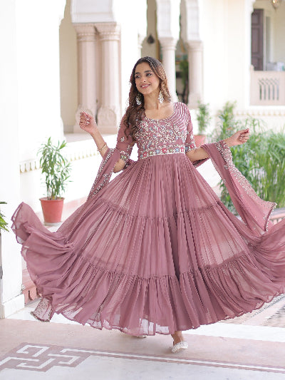 Mauve Blush Pink Embroidery Gown Dupatta Set Of 2
