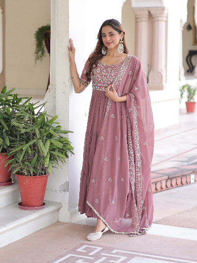 Mauve Blush Pink Embroidery Gown Dupatta Set Of 2