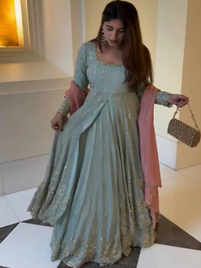 Seagreen Pink Luxurious Long Kurti, Skirt & Dupatta UK Next Day