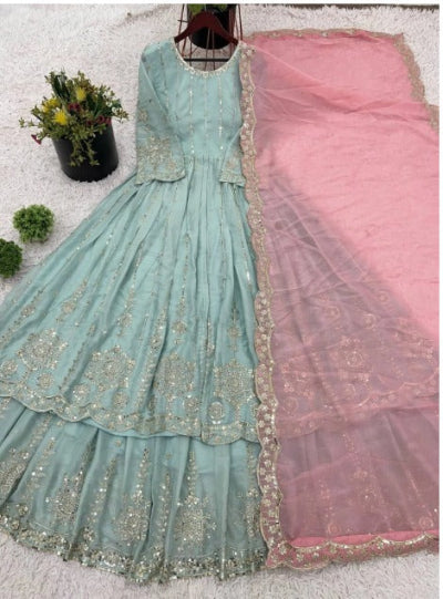 Seagreen Pink Luxurious Long Kurti, Skirt & Dupatta UK Next Day