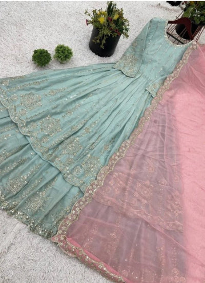 Seagreen Pink Luxurious Long Kurti, Skirt & Dupatta UK Next Day